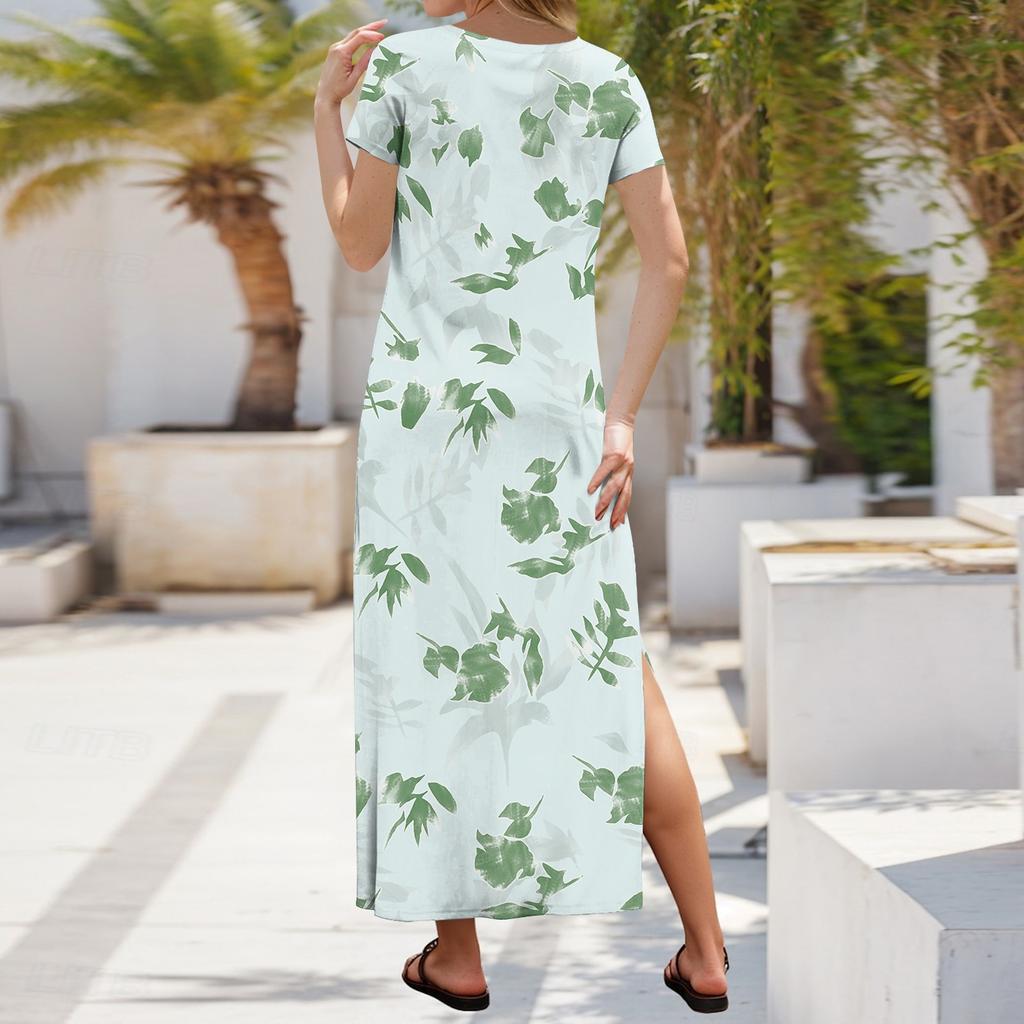 Women Summer Floral Dress Short Sleeve Beach Dress With Pockets Casual V-Neck Split Long T-Shirt Dress Travel Vacation