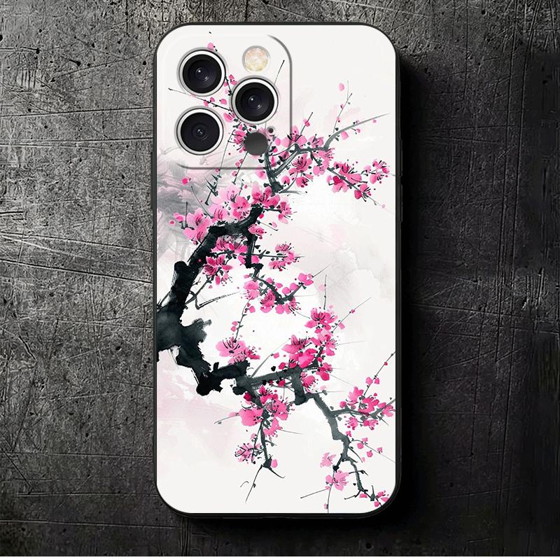 Cherry Blossom Sakura Fashion Soft Phone Case for iPhone 16 16E 17 Air 15 Pro Max 14 Plus 13 Mini 11 12 7 Black Cover Back Shell