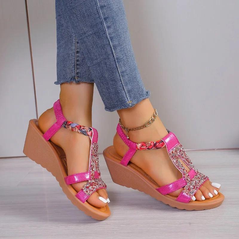 2024 Hot Selling Women's Shoes Summer Wedge Bohemian Rhinestone Casual Thick Soled Sandals Women's Open Toe Outdoor Beach Shoes