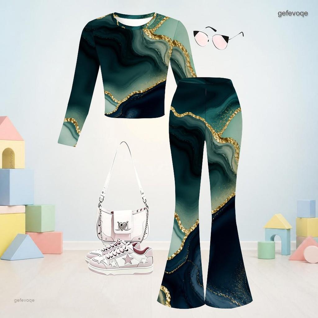 Girls Printed Round Neck Long Sleeve Crop Top Flared Pants Two Piece Set