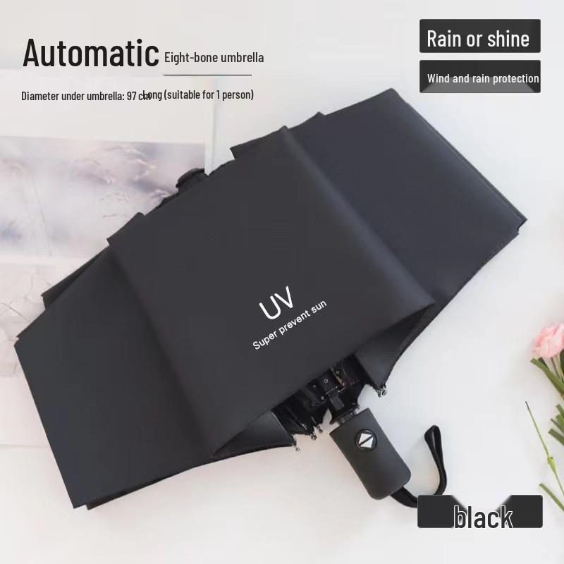 Fully Automatic 10-Rib UV Protection Folding Umbrella - Black Glue Sunscreen for Rain or Shine