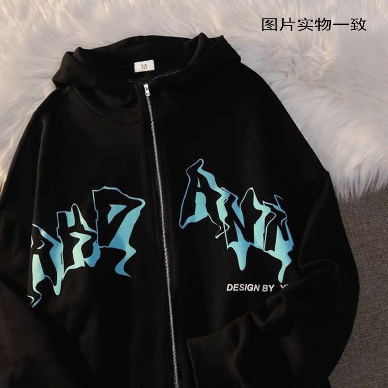 226 Gothic Print Zip Up Hoodie Unisex Women Casual Fall Winter Loose Fit