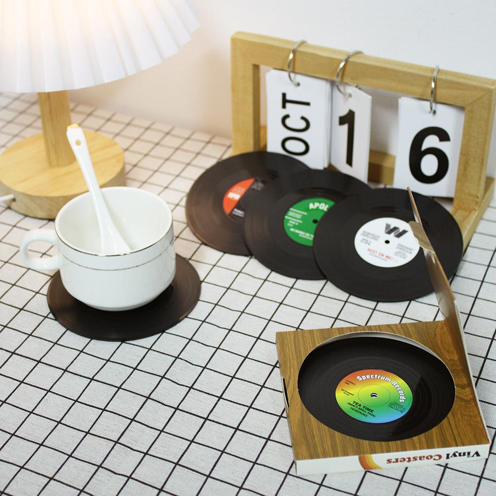 6pcs Coaster European American Retro Style Drink Beer Tea Abs Vinyl Record Cd Non Slip Drink Coaster for Desktop