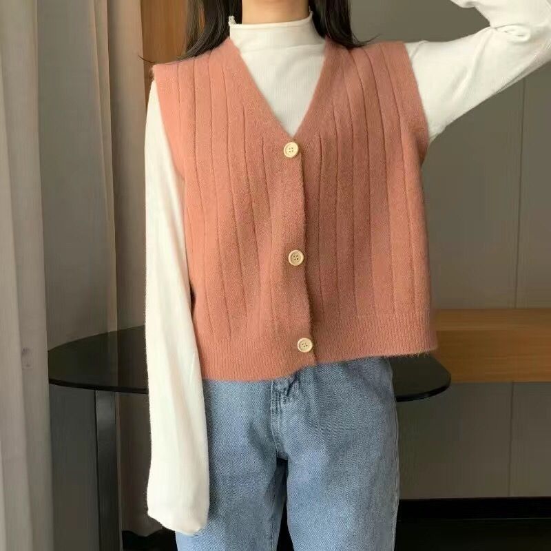 Women's Korean Style Loose Sleeveless Knitted Sweater Cardigan Vest Preppy Style Knitwear Cardigan Outerwear