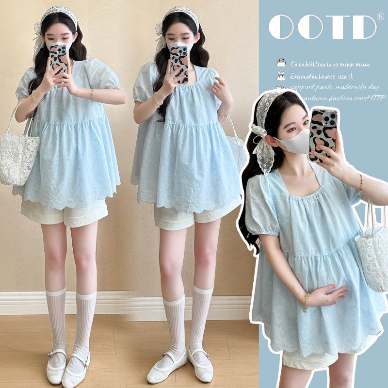 2026 Summer Korean Lace Embroidered Doll Shirt & Tummy Support Shorts 2XL