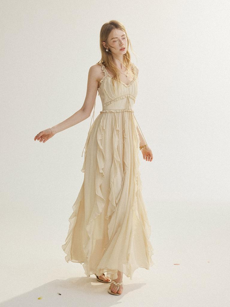 Sinseuden Of Ruffle Sleeveless Long Dress