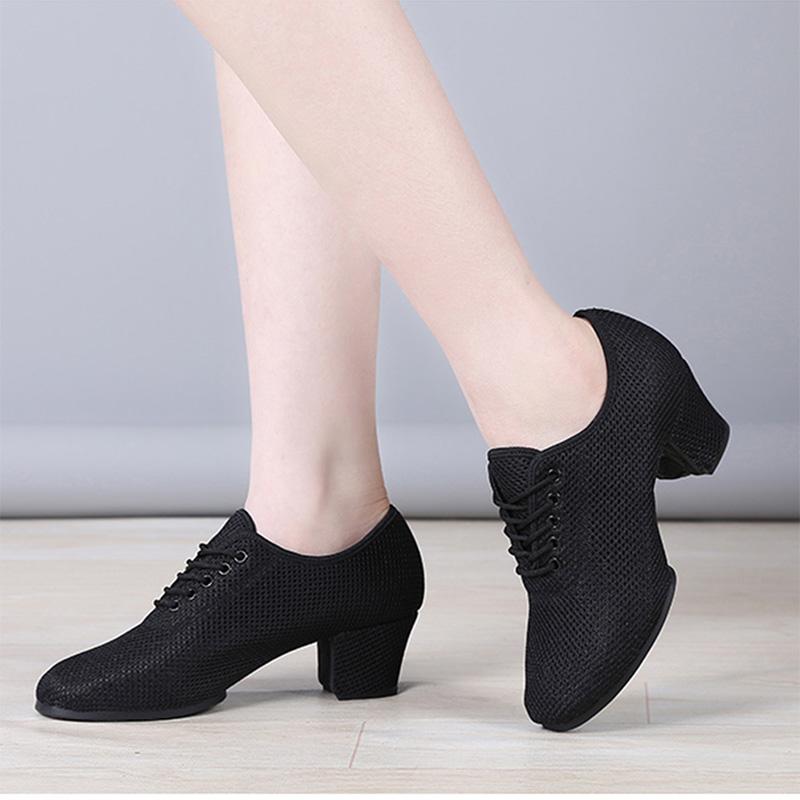 Scarpe da Jazz in Rete Donna Adulto Pratica Sala da Ballo Scarpe Latine Nere Traspiranti Scarpe da Insegnante con Tacco 3,5 cm