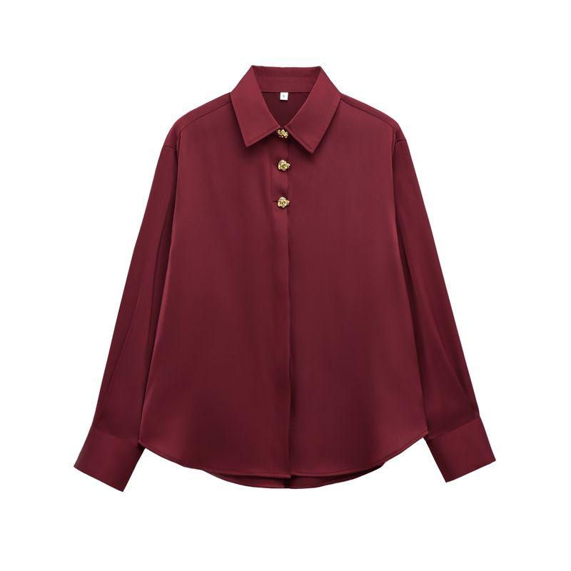 

Kaslead New Arrival Women s Fashion Style Gold Decorated Row Button Silk Satin Textured Shirt 2138748 Burgundy L