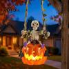 Halloween Night Decoration Swing Skeleton with Lighted Pumpkin, Light-up Ornament, Creepy Party Atmosphere Decor Hanging Statue for Indoor Front Porch