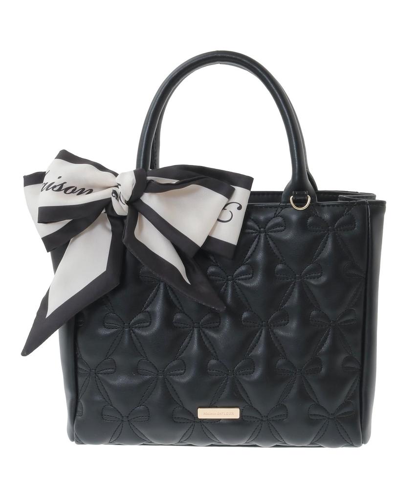 Maison de Fleur Quilted Ribbon Tote Bag with Black Women's Scarf,