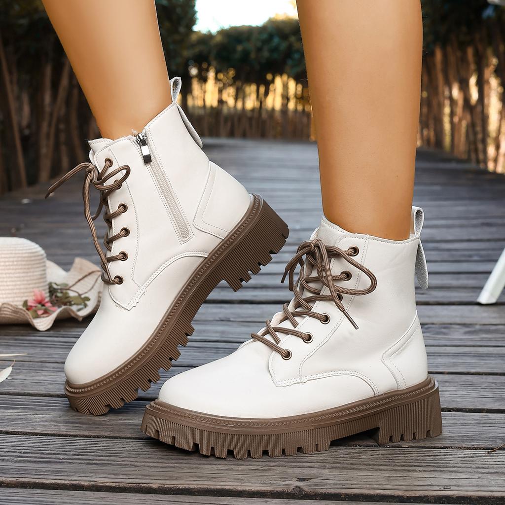 Plus-Size British Style Winter New Arrival Thick-Sole Fashion Black Round Toe Side  Lace Up Fleece-Lined Women'S Ankle Boots