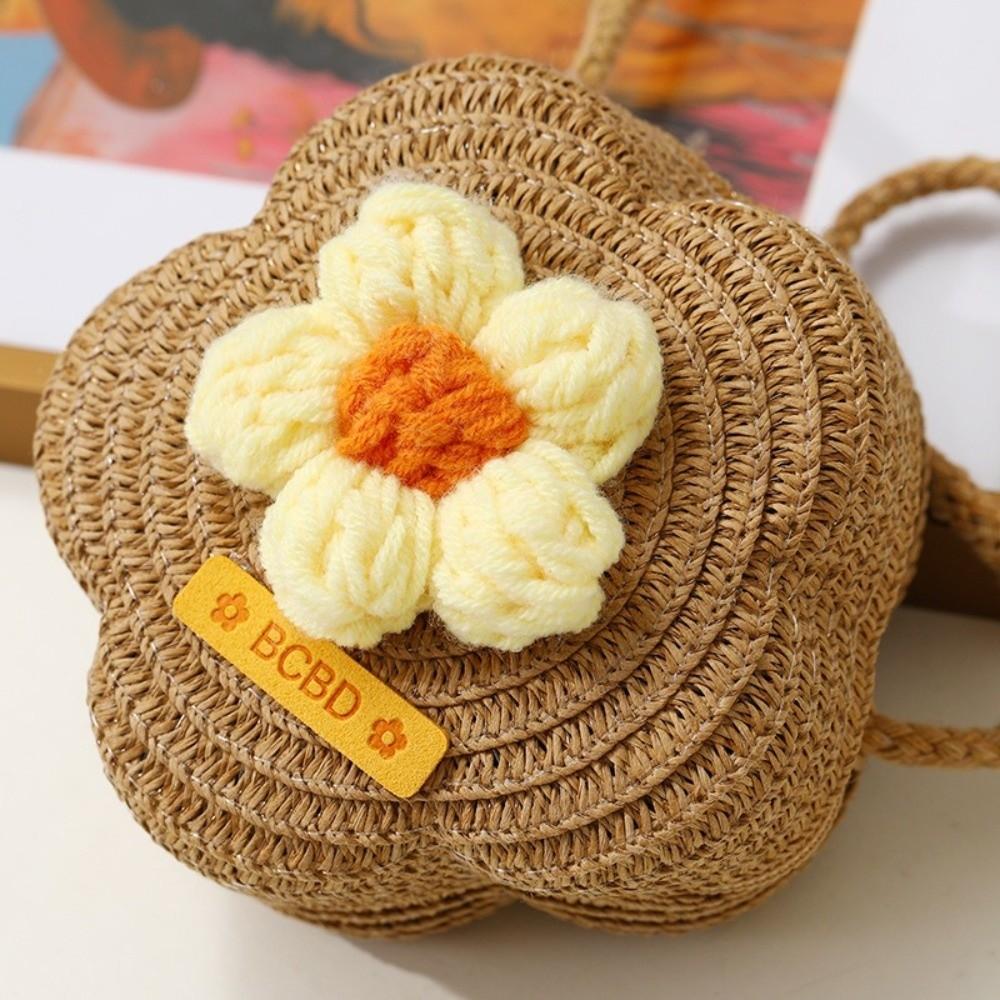 Cute Handmade Straw Bag Flower Shape Woven Shoulder Bag Summer Beach Bag for Children Girls
