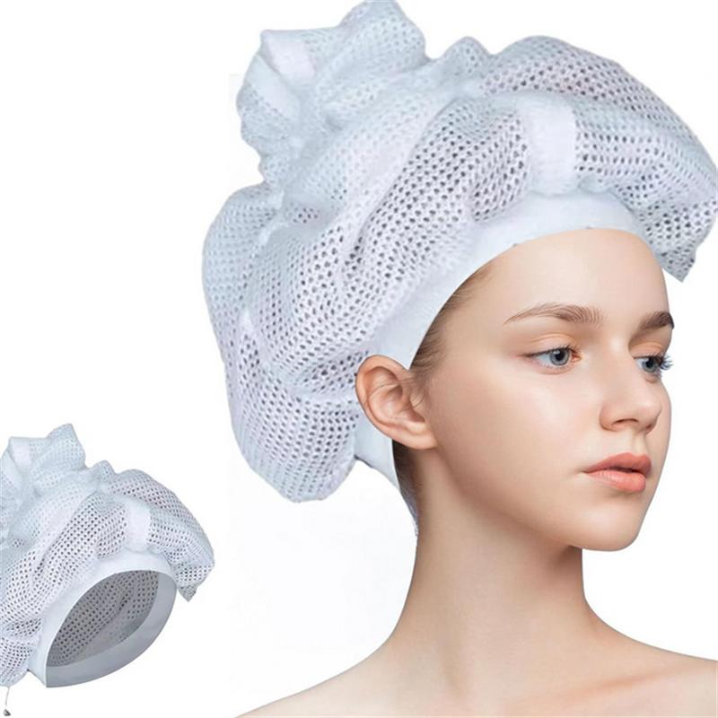 1PC White Reusable Net Plopping Bonnet Mesh Hat Net Plopping Bonnet Adjustable Hair Drying Hoods Hair Net Snoods Dry Hair Hat