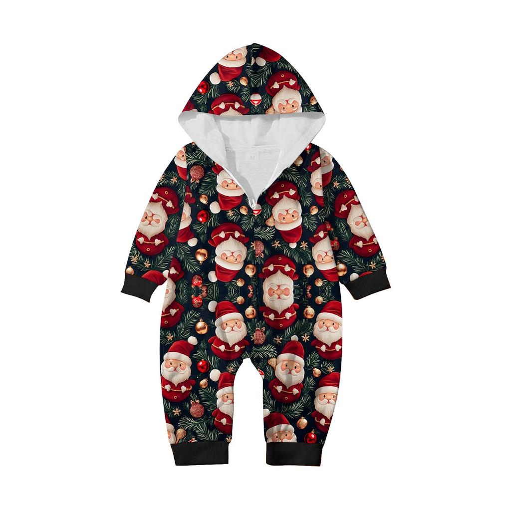 Christmas Print Parent-Child Outfit Hooded Zipper One-Piece Fashionable Home Suit Set