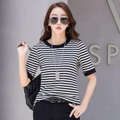 Spring Fashion Girls Short-sleeved New Mid-sleeve Striped T-shirt Women's Round Neck Korean Style Slim Top
