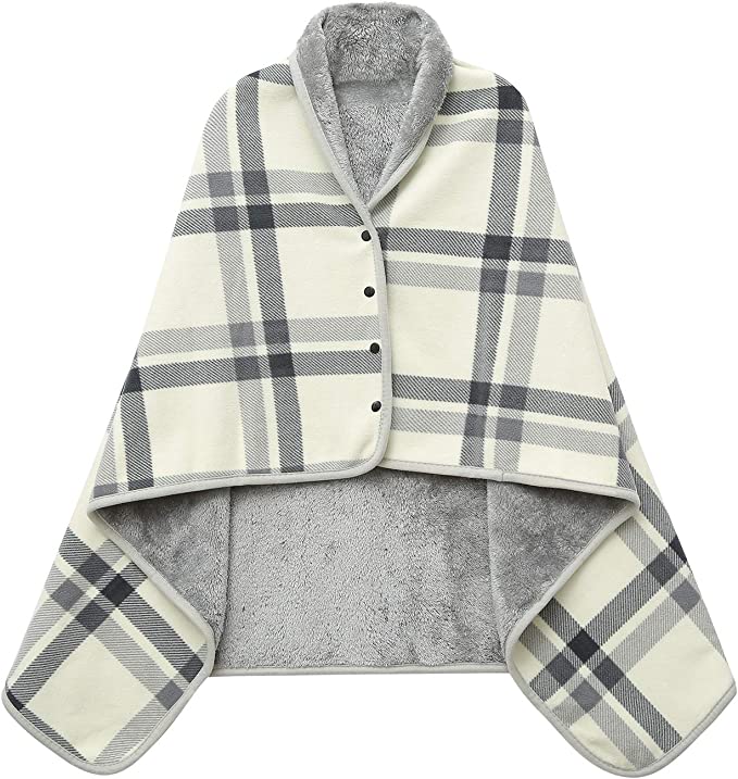 Flannel Wearable Blanket with Pockets, Cozy Soft Plaid Throws Blanket for Lap Bed Sofa Office Airplane Travel
