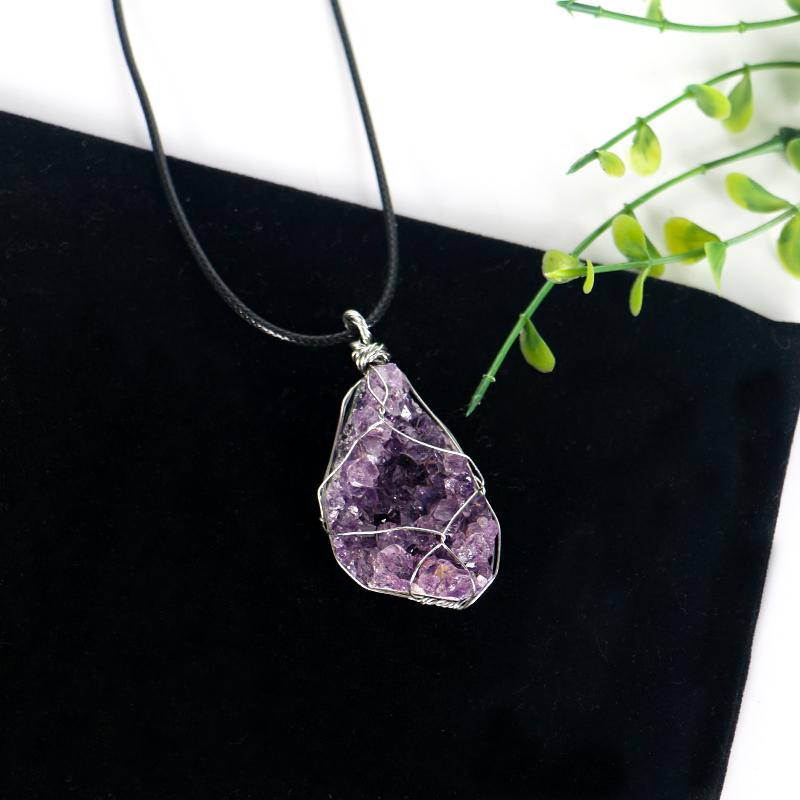 Natural Amethyst Crystal Pendant Wire Wrapped Raw Cluster Necklace Handmade Healing Gemstone Jewelry for Women Men Energy Gift