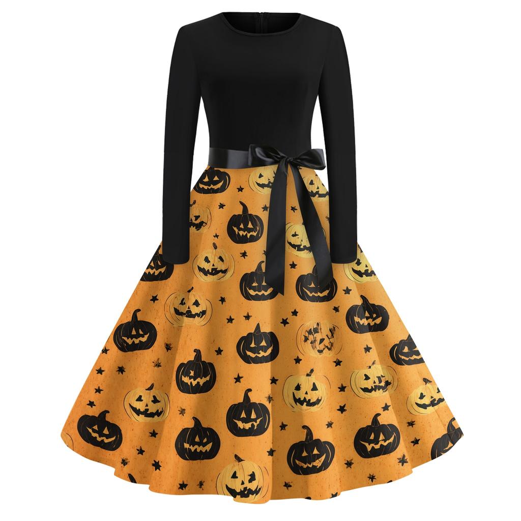 Women's Casual Halloween Print Round Neck Vintage Dress Long Sleeve Fit and Flare Midi Dress with Waist Tie for Seasonal Occasion