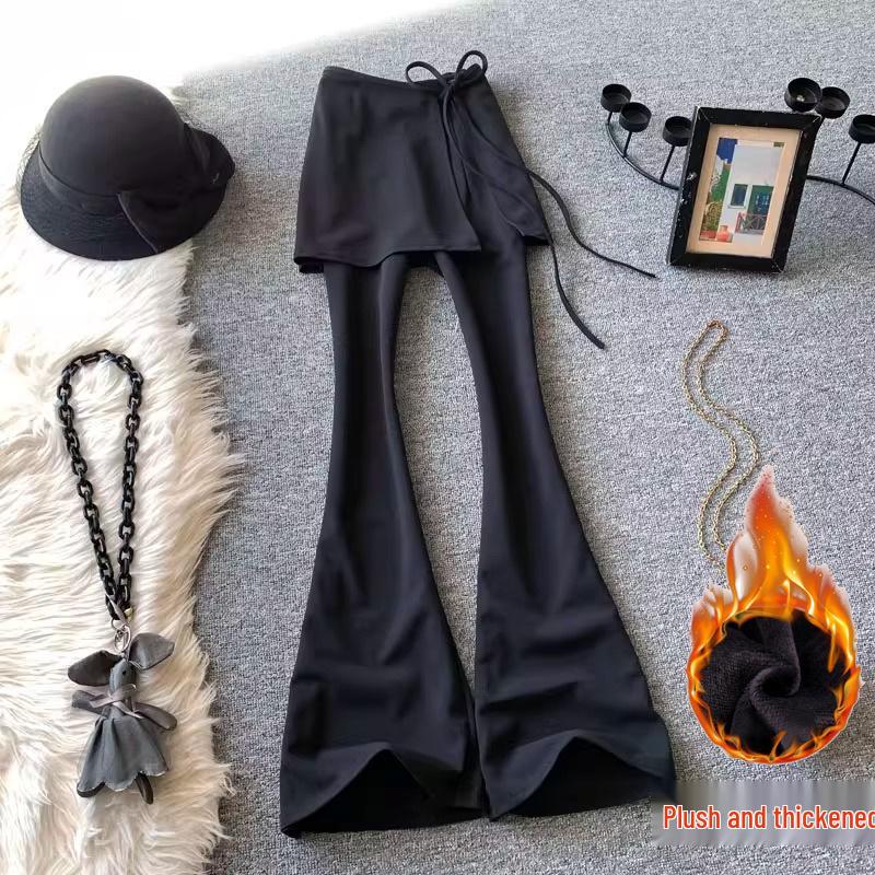 

Black High-Waisted Slimming Bell Bottom Yoga Pants with Skirt - Women s Casual Spring/Autumn Wear S