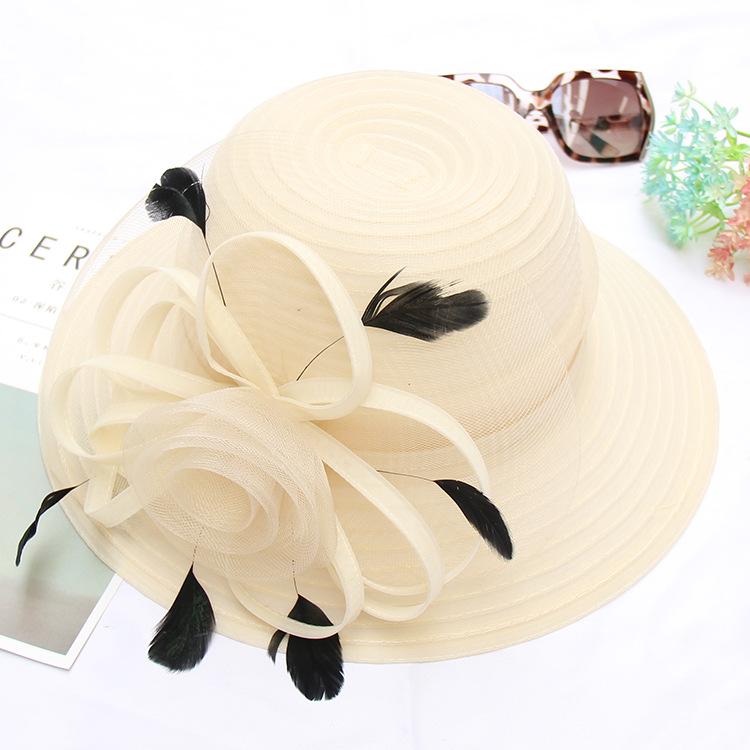 Eugen Top Hat Spring Summer Feather Flower Fashion Wedding Hat Big Brim Dome Beach Sun Hat