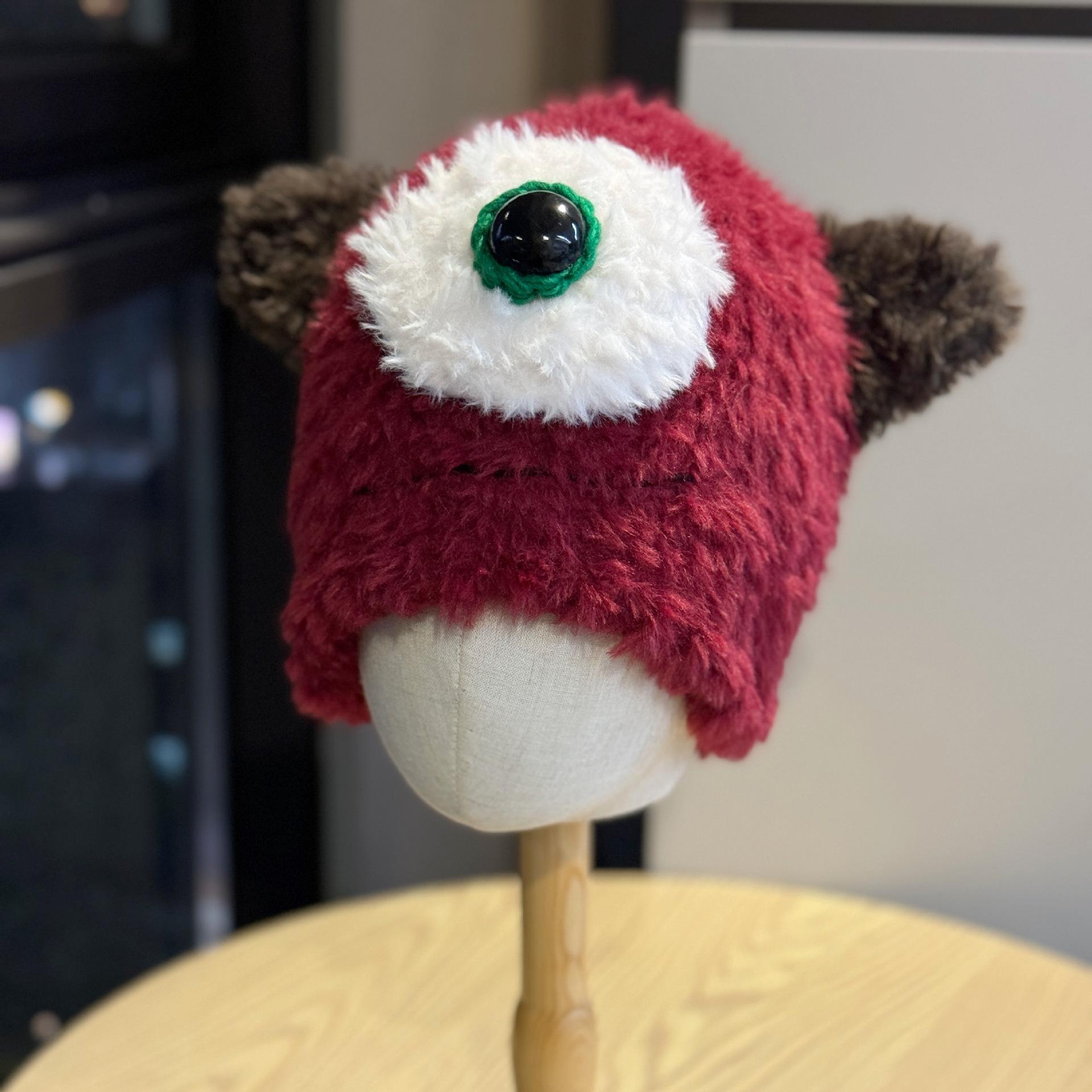 

Новая милая плюшевая шапка с большими глазами маленького монстра для женщин. Осенне-зимняя утолщенная теплая шапка-ушанка, вязаная шапка-пуловер. one size