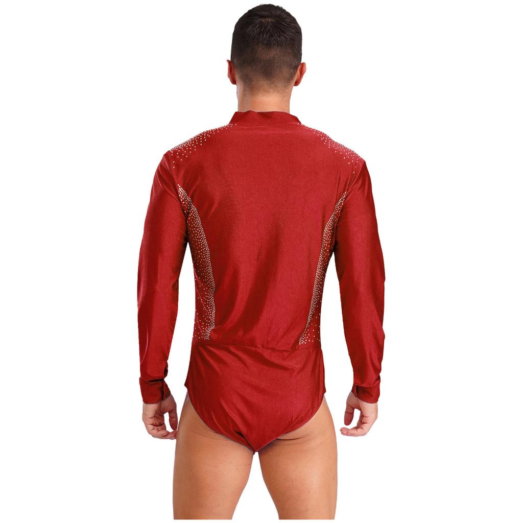 Mens Figure Skating Latin Dance Bodysuit V Neck Long Sleeve Sparkling Rhinestones Stage Performance Leotard