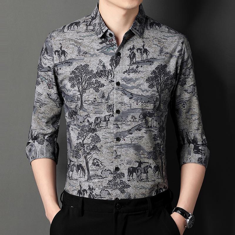 Floral Shirt Men's Long-sleeved Youth Floral Pattern Spring Young and Middle-aged Fashion Men's Casual Floral Shirt Printing Trend