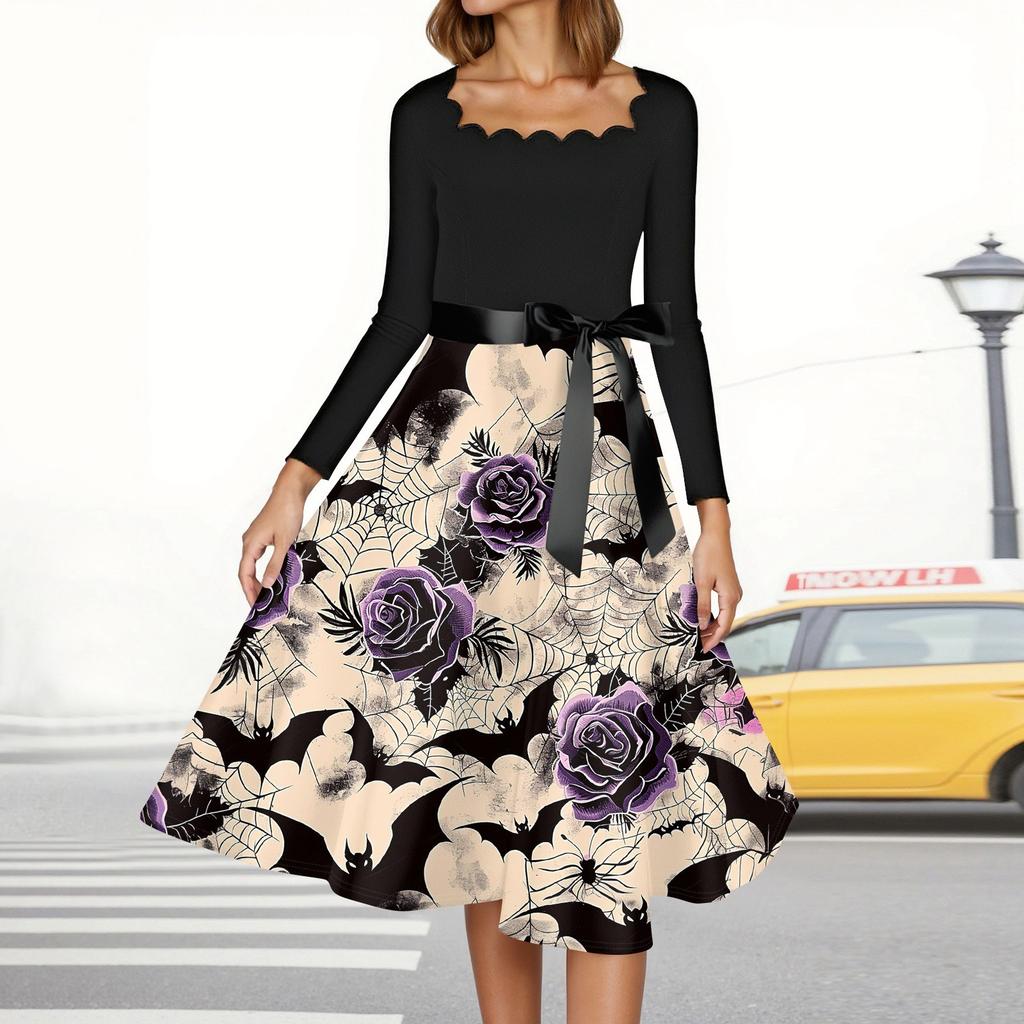 Women's Casual Fashion Halloween Printed Square Neck Vintage Dress