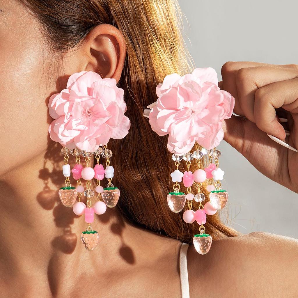 New Fresh Fabric Colored Large Flower Earrings for Women Jewelry Sweet Rice Beads Long Tassels Leaf Earrings Female Earrings