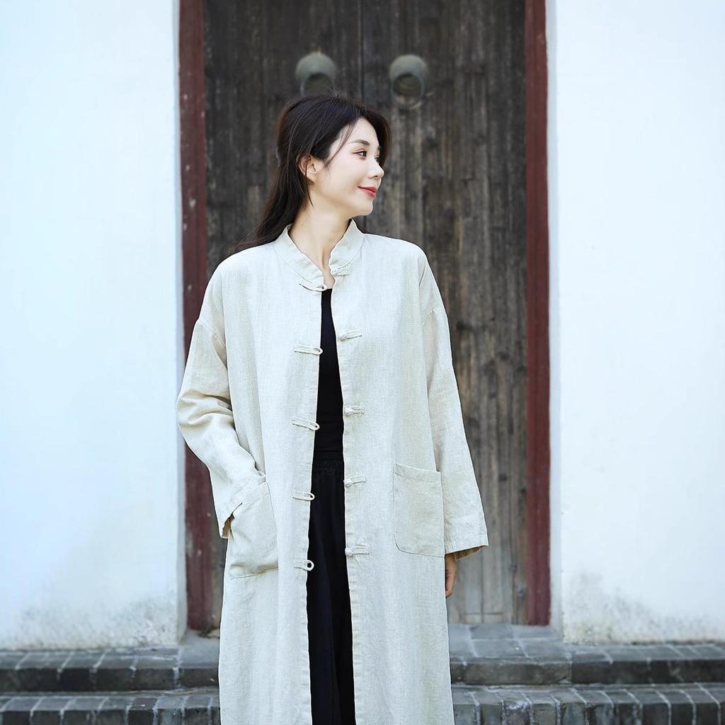 Cardigan de damă din amestec de bumbac și in de lungime medie - Retro spălat cu nisip