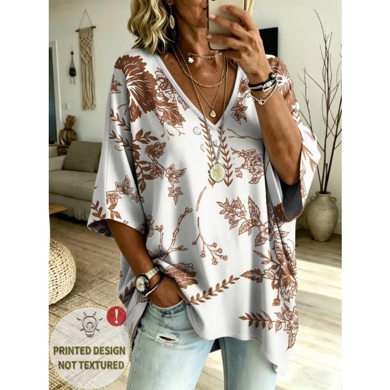 Women's Large-size V-neck T-shirt, Retro Casual Top, with Printed Design, Fashionable and Versatile ,machine Washable.