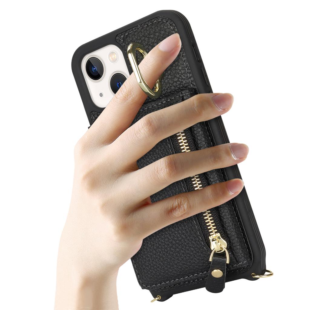 For iPhone 13 Mini Case Card Bag Zipper Pocket Leather+TPU Ring Holder Phone Cover with Long Strap