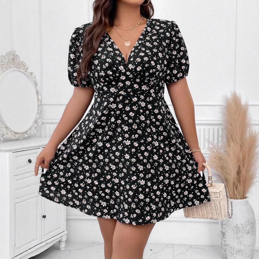 European & American Plus Size Bohemian V-Neck Casual Floral Short-Sleeve Dress 4XL