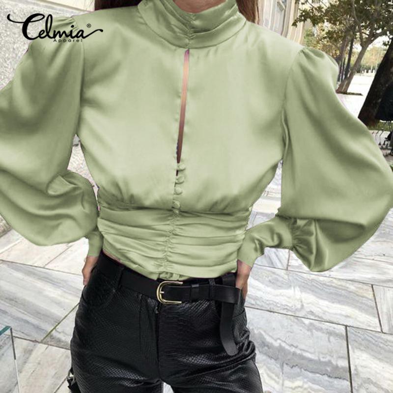 

Celmia Spring Женский пятно Фонарь Длинный рукав Выдолбленный Высокий воротник