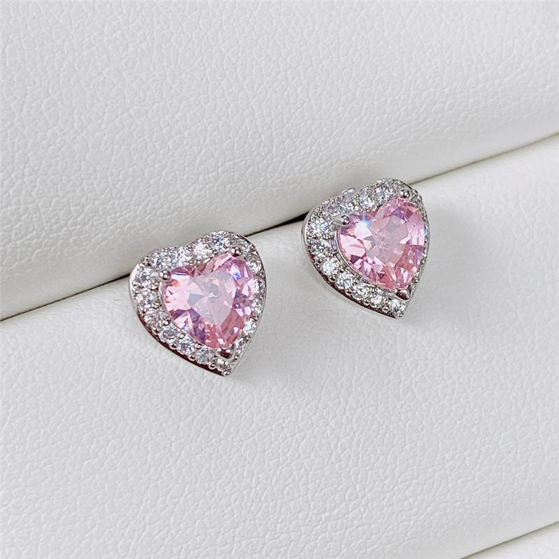 Multicolor Heart Shaped Halo Stud Earrings Rainbow Faceted Center Stone Border Ear Studs for Women Love Themed Daily Jewelry