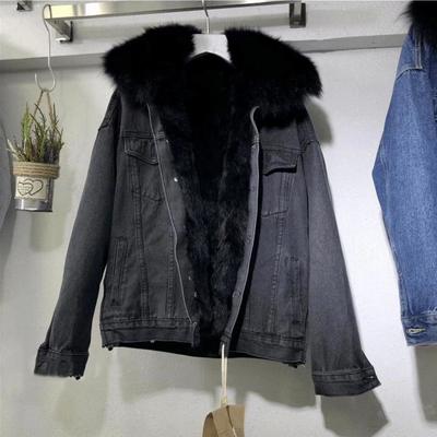 Autumn and Winter Women's Fashion Casual Short Plus Velvet Thick Fur Collar Hooded Denim Jacket
