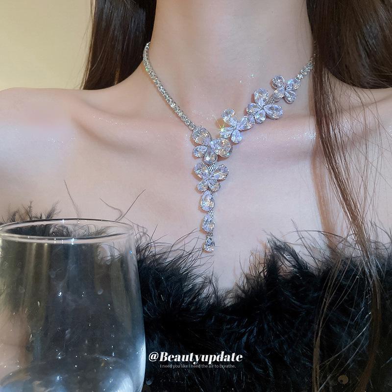 Silver Needle Zircon Butterfly Tassel Earrings & Necklace Set - Elegant Fashion Clavicle Chain for Weddings