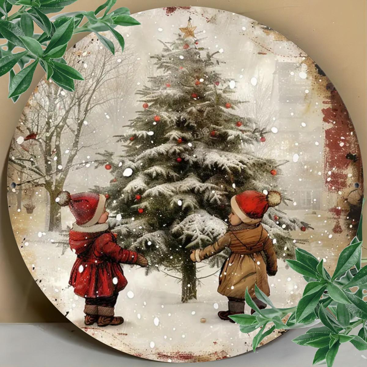 

D Flat Vintage Winter Kids Christmas Tree Round Metal Tin Sign Nostalgic Snowy Children Holiday Wall Decor Retro Rustic Art I 20x20cm(8x8inch)