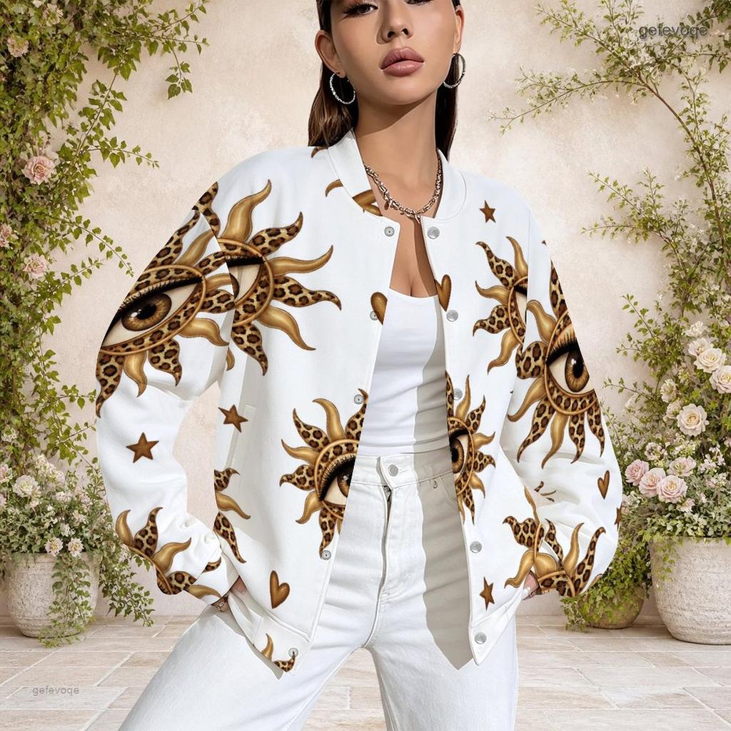 Women Plus Size Baseball Collar Printed Long Sleeve Button Front Varsity Jacket White With Pockets