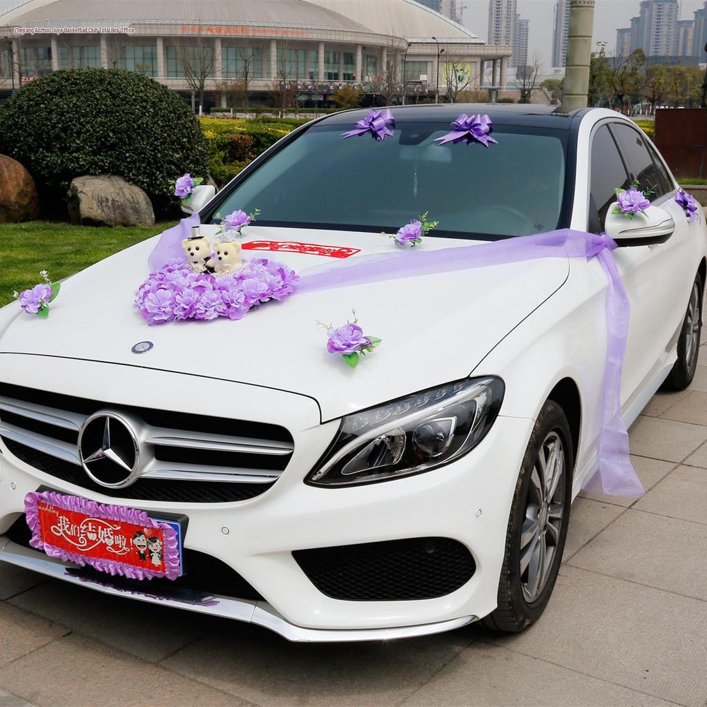 Heart-Shaped Bear Wedding Car Decoration Set - Simulated Flower Arrangement