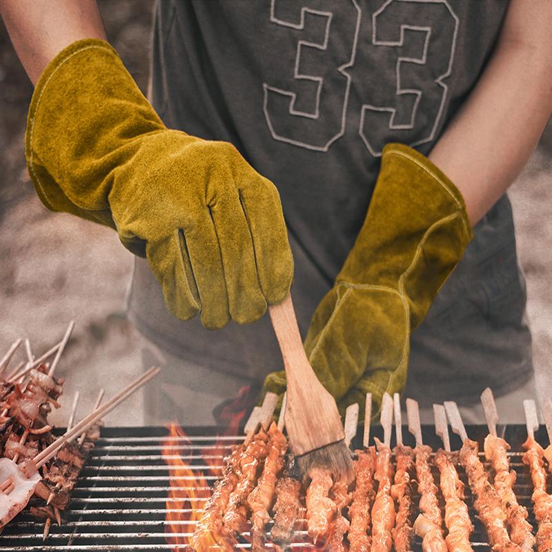 Rindsleder Schweißen ArbeitssicherheitSchutz Handschuhe WärmedämmungAnti-Schnitt Feuerhemmende Holzofen Kamin Grill Backen Camping