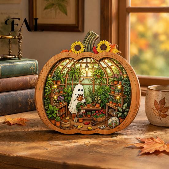 Whimsical Ghost Book Nook Halloween Wooden Tabletop Ornament, 2D Flat Cute Reading Bathing Fall Harvest Home Decoration Watering Plaque with Stand for