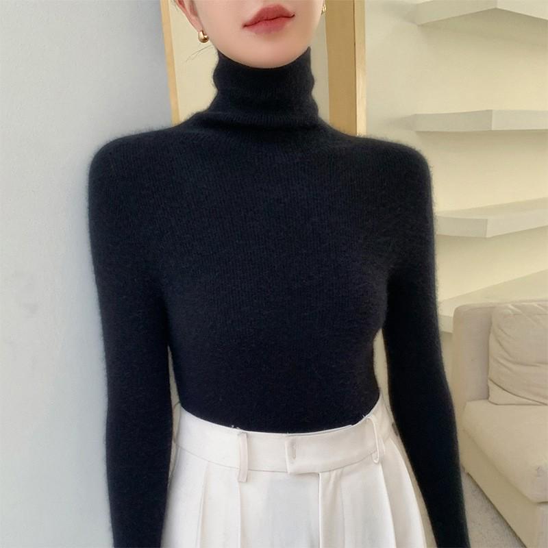 Women's Black Wool Semi-High Neck Base Layer Sweater - Soft, Comfortable, Slimming Fit for Autumn/Winter.