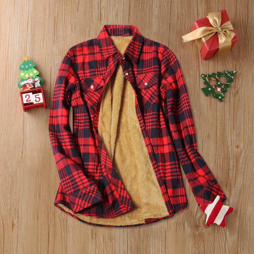 Fashion Plaid Print Fleece Shirt For Ladies Button Winter Lapel Jacket Pocket Ladies Coat