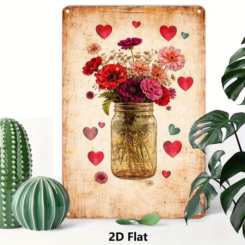 D Flat Mason Jar Flower Metal Tin Sign Home Wall Decor for Living Room Bedroom Kitchen Entryway Unisex Holiday Wall Plaque