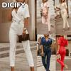 Moda Casual Feminina DICFY Cor Sólida Estampa Verão Primavera Manga Curta Calças com Suspensório Macacões