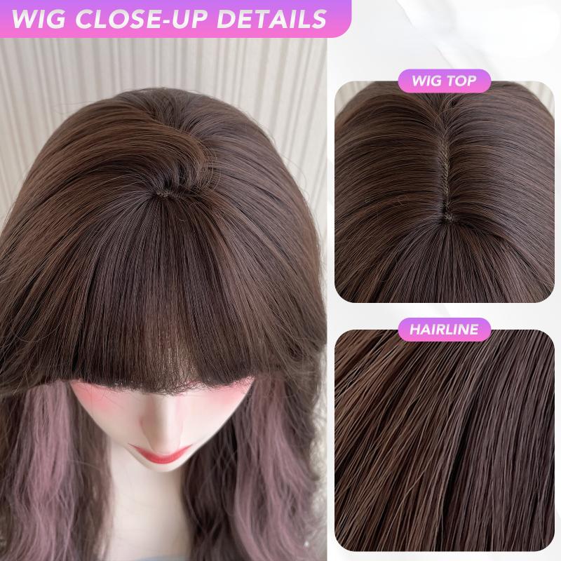 Brown Pink Bangs Wig 26 Inch Fiber Synthetic Wigs Heat-resistant Natural Party or Selfie For Women Korean Fashion