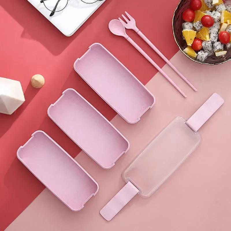 Einfache einfarbige 3-lagige tragbare Lunchbox aus Weizenstroh, Lunchbox, Mikrowellen-Geschirr, Lebensmittelaufbewahrungsbehälter, Zubehör