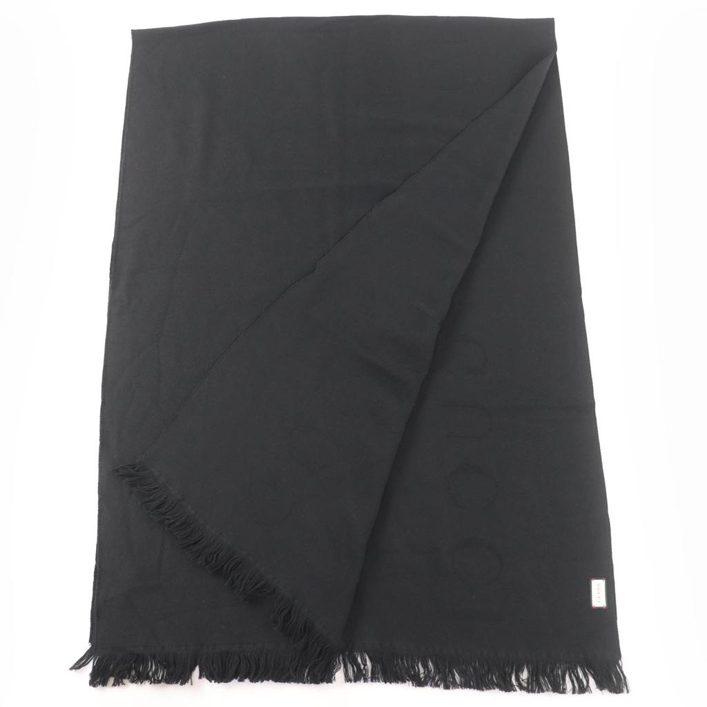Great GUCCI Stall Large scarf with logo and fringe black wool Women 599437 Used