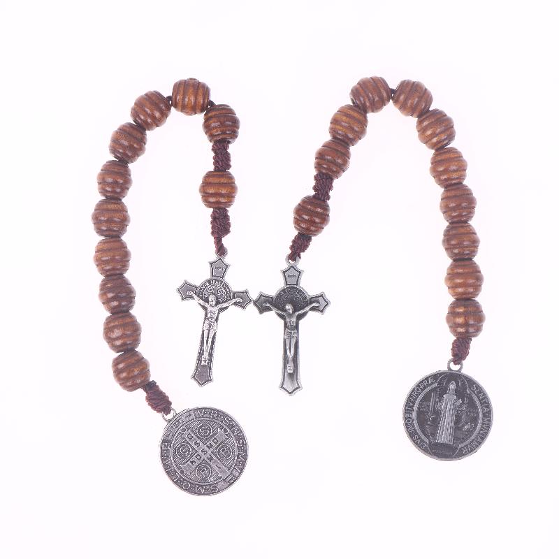 Saint Benedict Medal Prayer Pocket Rosary Catholic Brown Wood Beads With Saint Benedict Medal And Crucifix